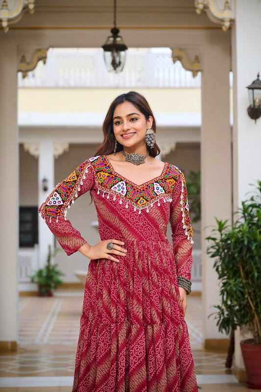 Pink Printed Cotton Gown with Multicolor Embroidered Yoke - Mangaldeep NX
