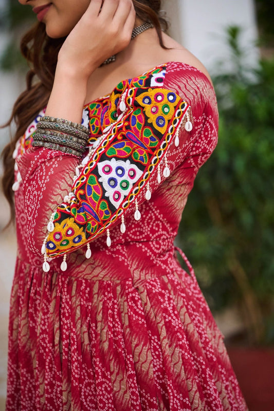 Pink Printed Cotton Gown with Multicolor Embroidered Yoke - Mangaldeep NX