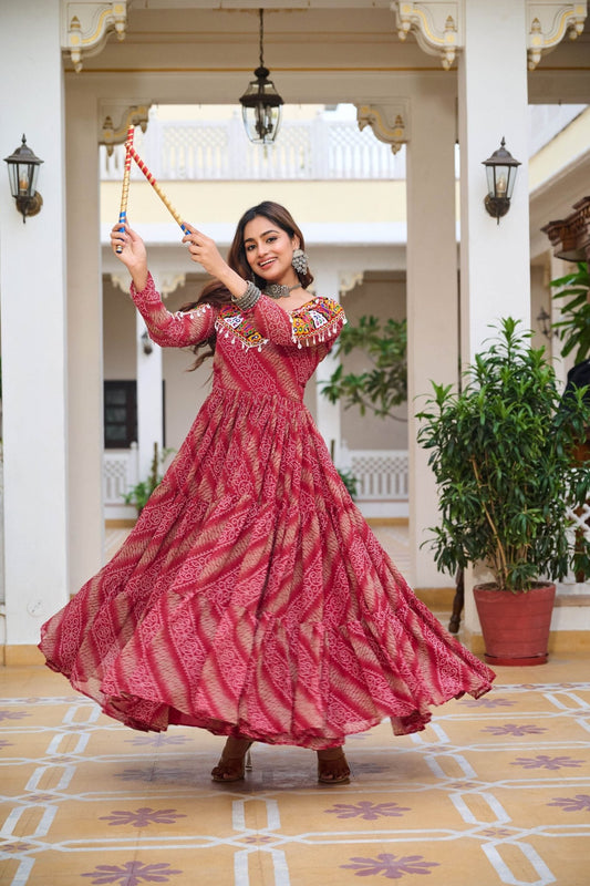 Pink Printed Cotton Gown with Multicolor Embroidered Yoke - Mangaldeep NX