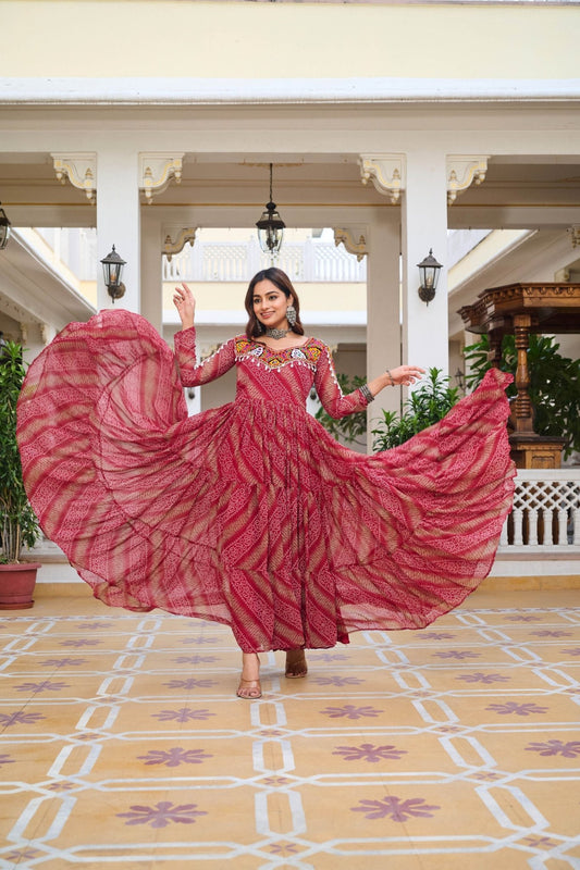 Pink Printed Cotton Gown with Multicolor Embroidered Yoke - Mangaldeep NX