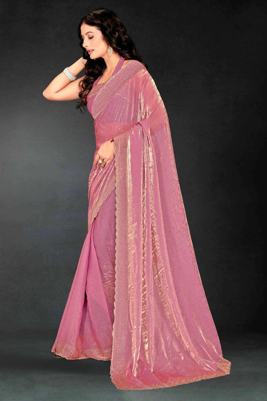 Pink Sequin Embellished Party Wear Fandy Silk Saree with Golden Scallop Border - Mangaldeep NX