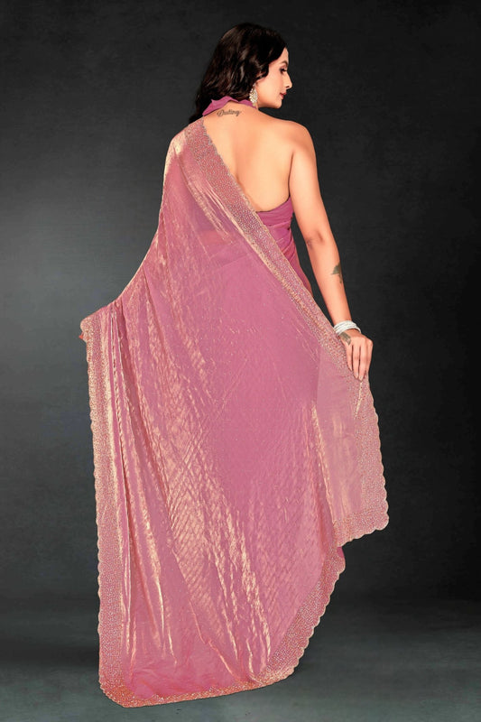 Pink Sequin Embellished Party Wear Fandy Silk Saree with Golden Scallop Border - Mangaldeep NX