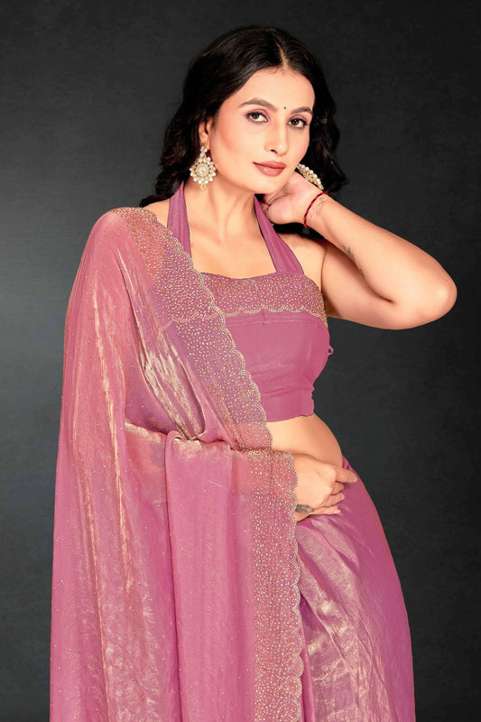 Pink Sequin Embellished Party Wear Fandy Silk Saree with Golden Scallop Border - Mangaldeep NX