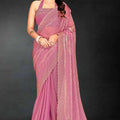 Pink Sequin Embellished Party Wear Fandy Silk Saree with Golden Scallop Border - Mangaldeep NX