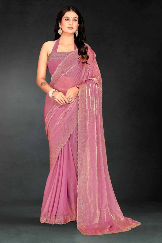 Pink Sequin Embellished Party Wear Fandy Silk Saree with Golden Scallop Border - Mangaldeep NX