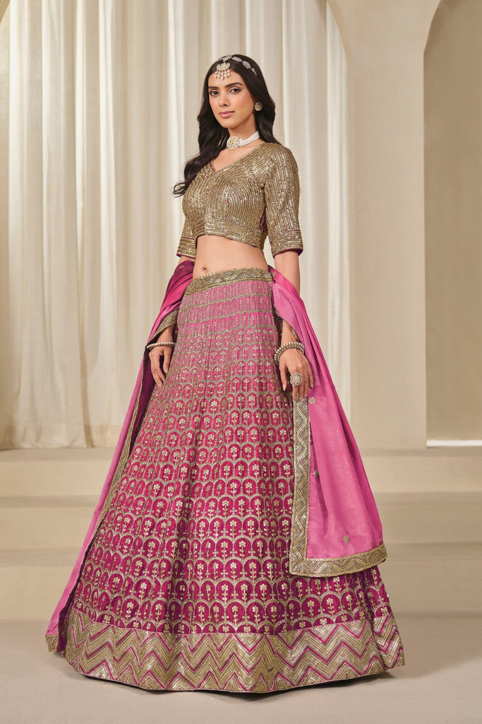 Pink Silk Embroidered Lehenga Choli Set with Sequined Blouse and Contrast Dupatta - Mangaldeep NX