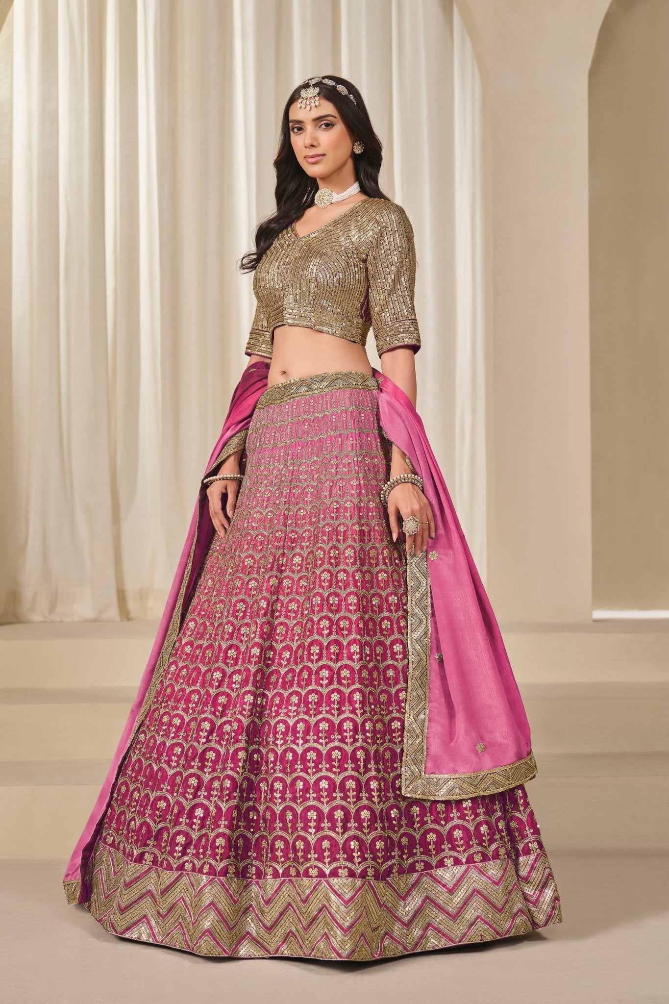 Pink Silk Embroidered Lehenga Choli Set with Sequined Blouse and Contrast Dupatta - Mangaldeep NX