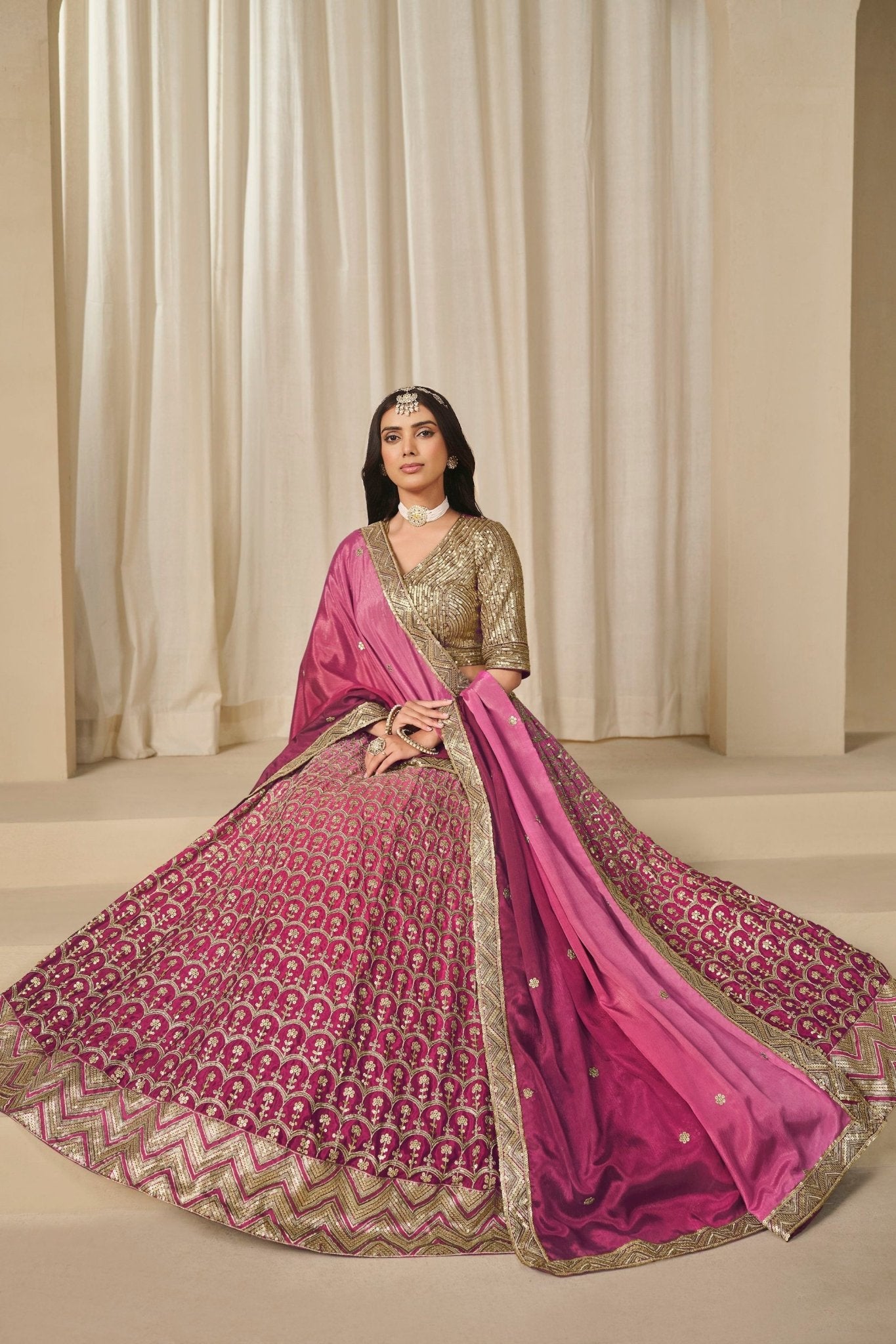Pink Silk Embroidered Lehenga Choli Set with Sequined Blouse and Contrast Dupatta - Mangaldeep NX