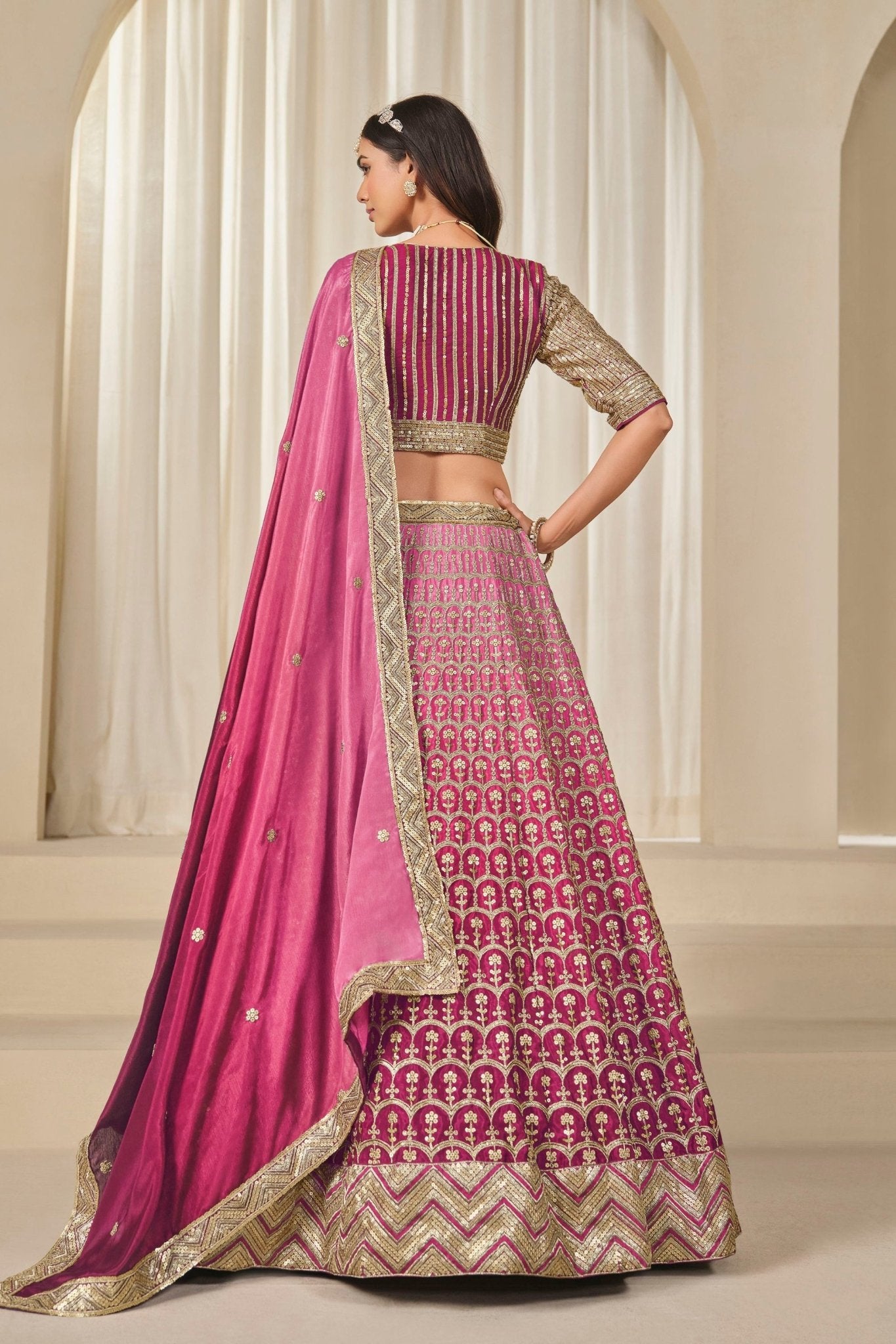Pink Silk Embroidered Lehenga Choli Set with Sequined Blouse and Contrast Dupatta - Mangaldeep NX