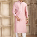 Pink Silk Kurta Pyjama Set for Men with Mirror Embellished Placket - Mangaldeep NX