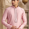 Pink Silk Kurta Pyjama Set for Men with Mirror Embellished Placket - Mangaldeep NX