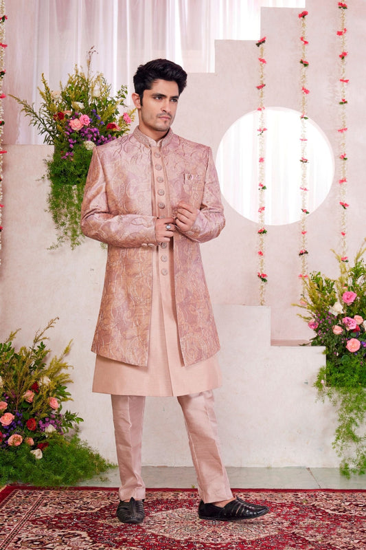 Pink Silk Kurta Set with Light Gold Brocade Patterned Indo - Western Jacket for Men - Mangaldeep NX