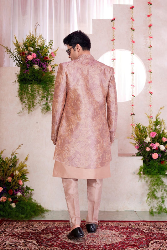 Pink Silk Kurta Set with Light Gold Brocade Patterned Indo - Western Jacket for Men - Mangaldeep NX