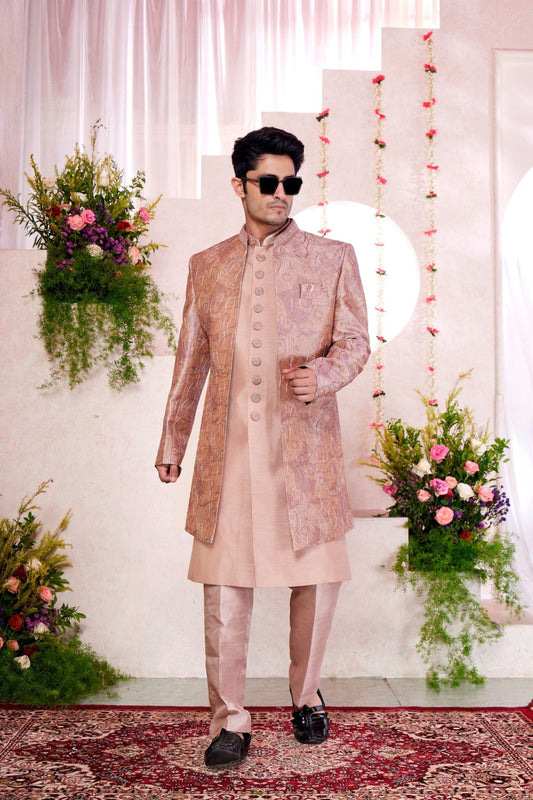 Pink Silk Kurta Set with Light Gold Brocade Patterned Indo - Western Jacket for Men - Mangaldeep NX