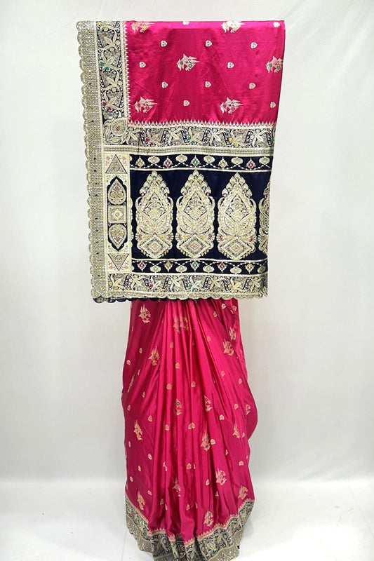 Pink Silk Saree with Navy Blue Velvet Pallu & Heavy Zari Embroidery - Mangaldeep NX