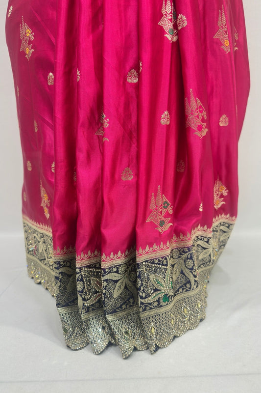 Pink Silk Saree with Navy Blue Velvet Pallu & Heavy Zari Embroidery - Mangaldeep NX