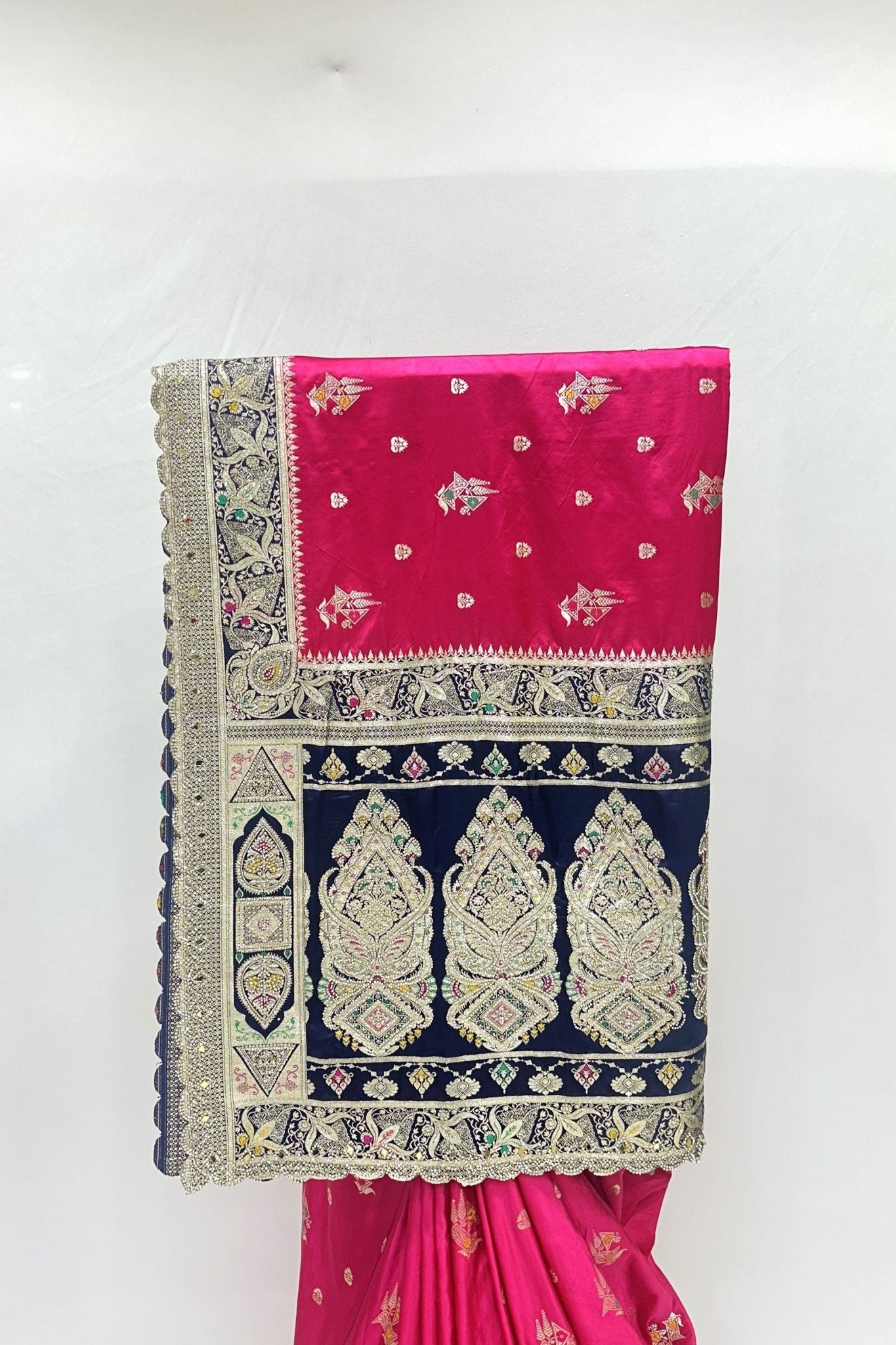 Pink Silk Saree with Navy Blue Velvet Pallu & Heavy Zari Embroidery - Mangaldeep NX
