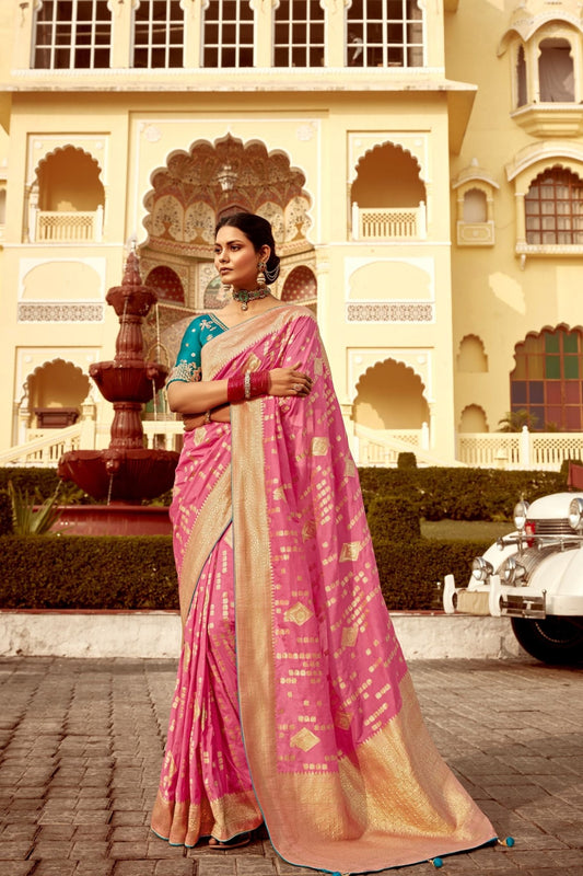 Pink Woven Design Banarasi Silk Saree with Gold Zari Work - Mangaldeep NX