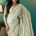 Pista Green Organza Saree with Gold Leaf Print and Sequin Lace Border - Mangaldeep NX