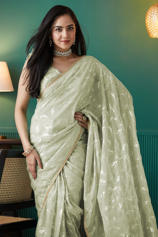 Pista Green Organza Saree with Gold Leaf Print and Sequin Lace Border - Mangaldeep NX