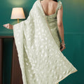 Pista Green Organza Saree with Gold Leaf Print and Sequin Lace Border - Mangaldeep NX