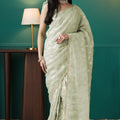 Pista Green Organza Saree with Gold Leaf Print and Sequin Lace Border - Mangaldeep NX