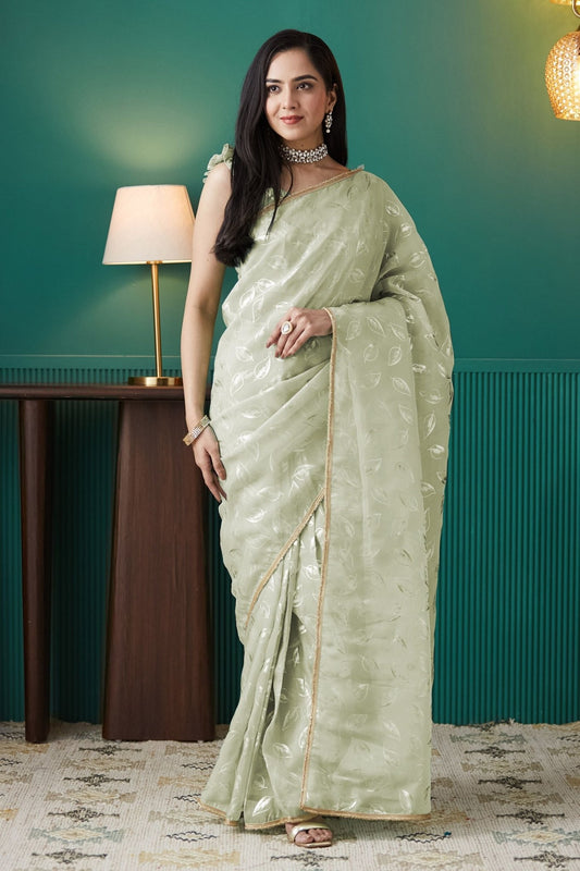 Pista Green Organza Saree with Gold Leaf Print and Sequin Lace Border - Mangaldeep NX