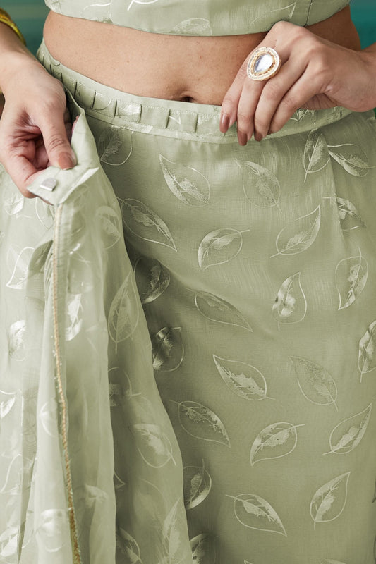 Pista Green Organza Saree with Gold Leaf Print and Sequin Lace Border - Mangaldeep NX