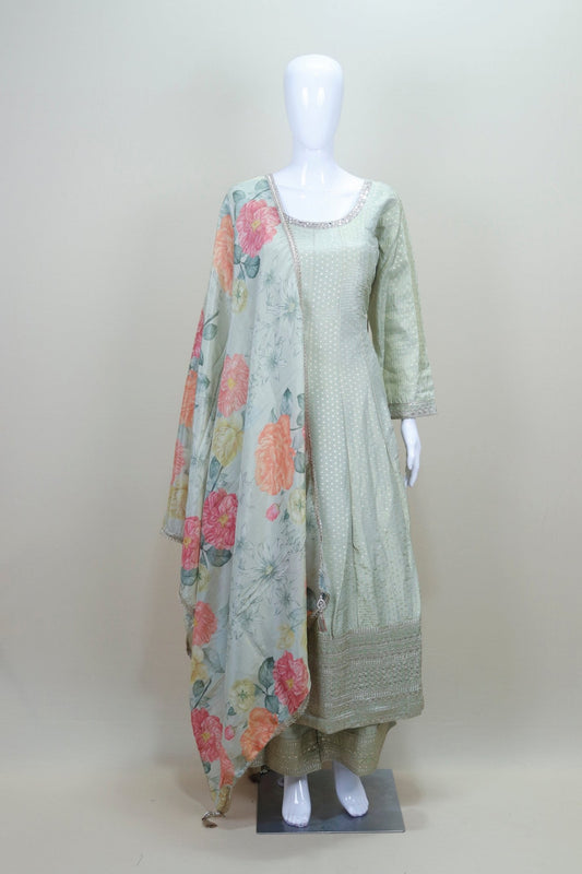 Pistachio Green Chikankari Anarkali Suit with Floral Printed Dupatta - Mangaldeep NX
