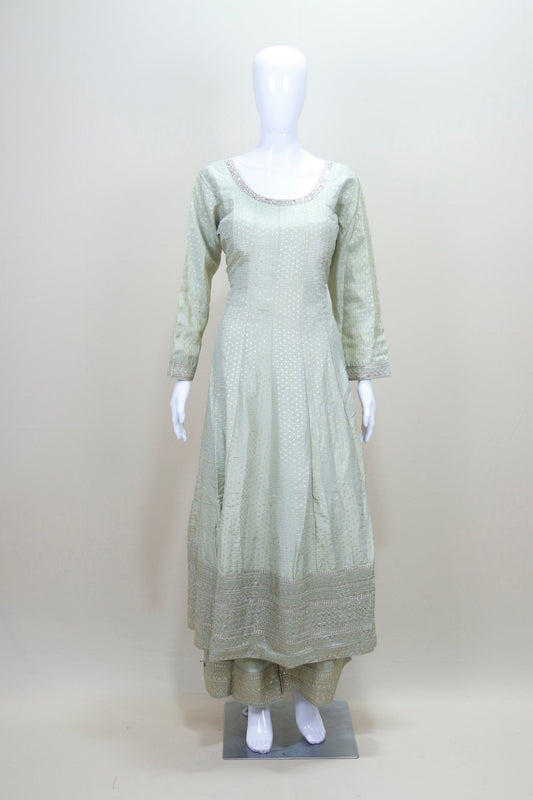 Pistachio Green Chikankari Anarkali Suit with Floral Printed Dupatta - Mangaldeep NX