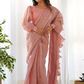 Plain Peach Readymade Saree with Stylish Full Sleeve Blouse - Mangaldeep NX