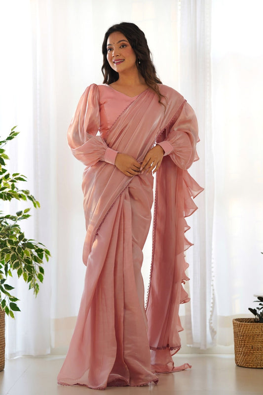 Plain Peach Readymade Saree with Stylish Full Sleeve Blouse - Mangaldeep NX