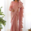 Plain Peach Readymade Saree with Stylish Full Sleeve Blouse - Mangaldeep NX