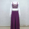Plum Floral Embroidered Crop Top and Palazzo Set with Printed Long Cape - Mangaldeep NX