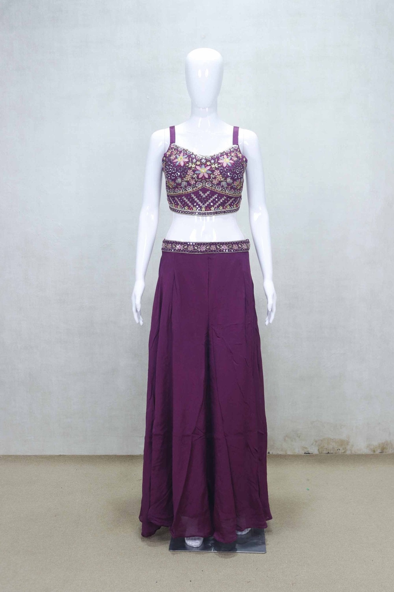 Plum Floral Embroidered Crop Top and Palazzo Set with Printed Long Cape - Mangaldeep NX
