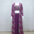 Plum Floral Embroidered Crop Top and Palazzo Set with Printed Long Cape - Mangaldeep NX