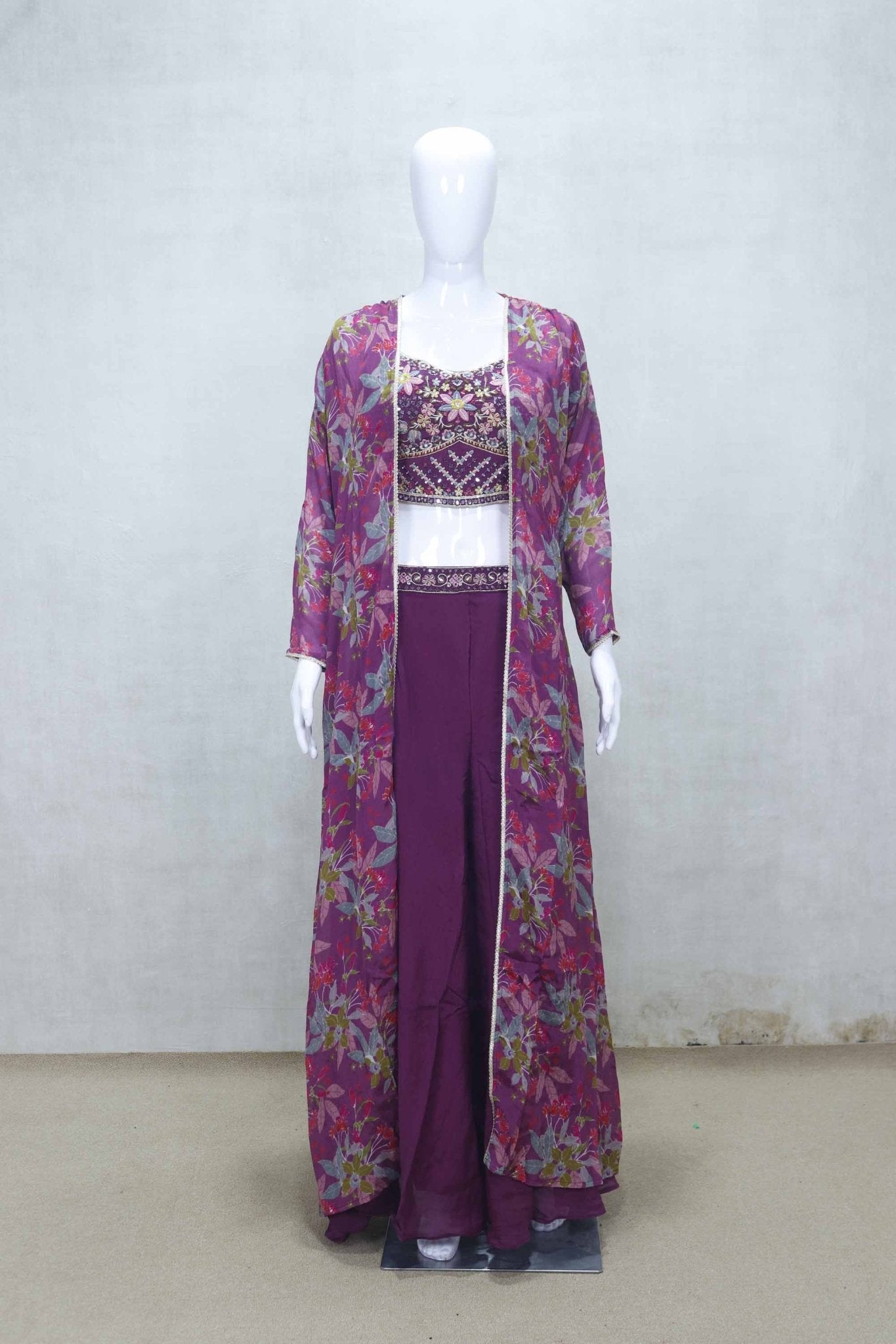 Plum Floral Embroidered Crop Top and Palazzo Set with Printed Long Cape - Mangaldeep NX