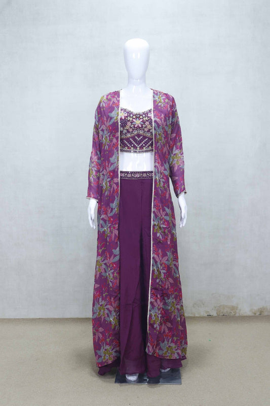 Plum Floral Embroidered Crop Top and Palazzo Set with Printed Long Cape - Mangaldeep NX