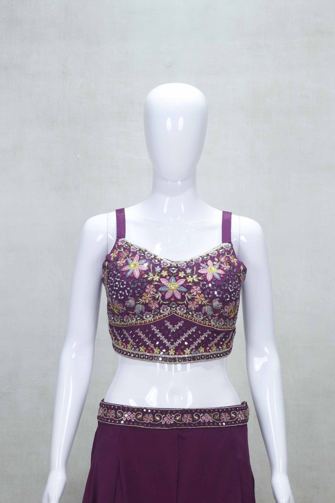 Plum Floral Embroidered Crop Top and Palazzo Set with Printed Long Cape - Mangaldeep NX