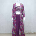 Plum Floral Embroidered Crop Top and Palazzo Set with Printed Long Cape - Mangaldeep NX
