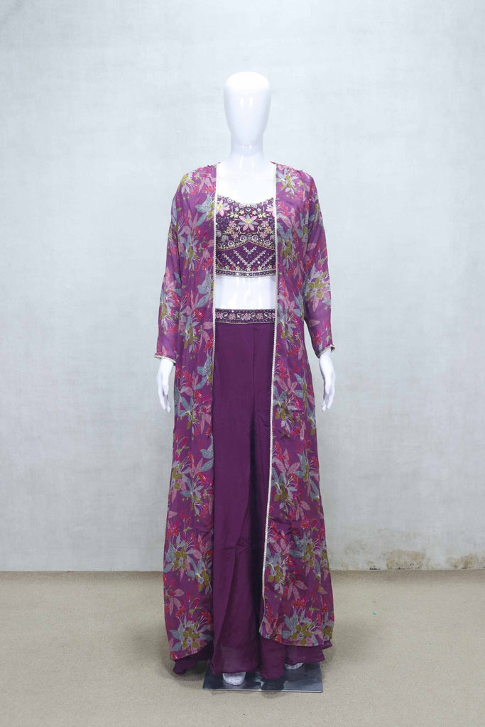 Plum Floral Embroidered Crop Top and Palazzo Set with Printed Long Cape - Mangaldeep NX