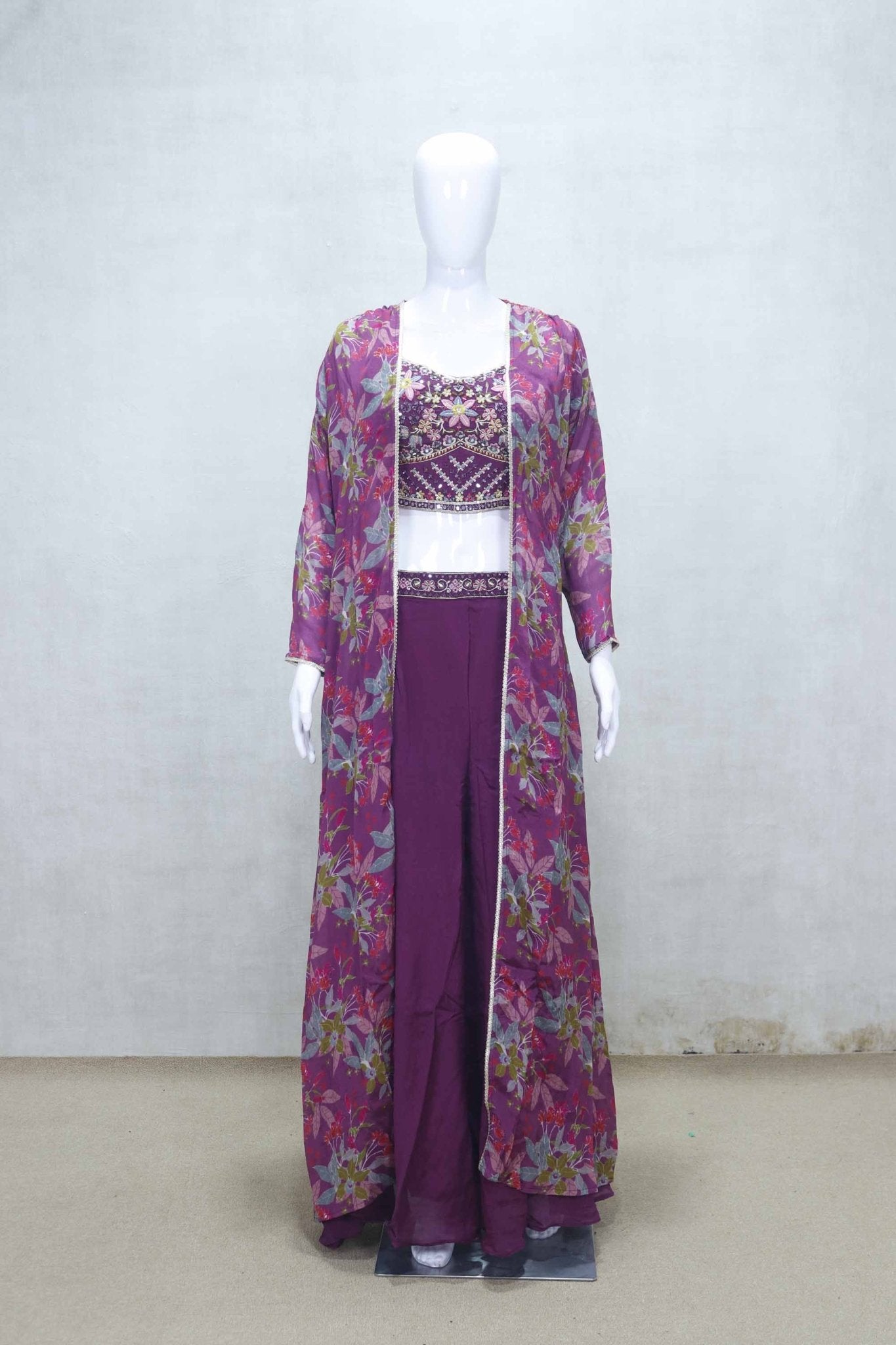 Plum Floral Embroidered Crop Top and Palazzo Set with Printed Long Cape - Mangaldeep NX