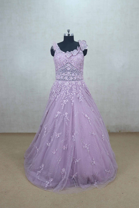 Pretty Lavender Net Party Gown with 3D Floral Embroidery and Beaded Details - Mangaldeep NX