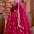 Hot Pink Embroidered Silk Lehenga Choli Set with Zari and Mirror Work Dupatta