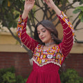 Wonderful White Rayon Embroidered Mirror Work Navratri Gown for Women