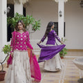 Outstanding Cream and Royal Purple Tissue Silk Embroidered Indo-Western Lehenga Choli with Dupatta