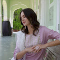 Lavender Embroidered Pant Style Salwar with White Net Dupatta