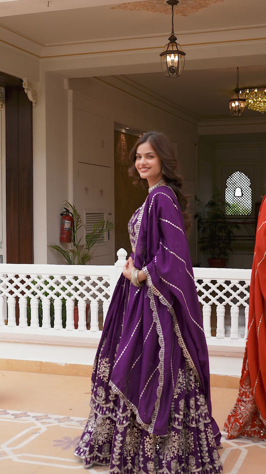 Stylish Purple Vichitra Silk Embroidered Designer Lehenga Choli Set with Dupatta for Wedding