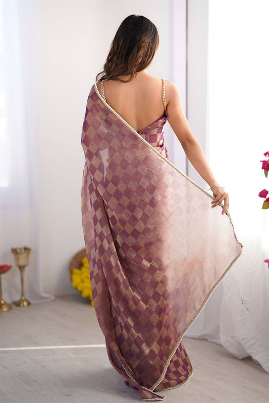 Purple and Gold Checkered Chiffon Silk Saree with Pearl Lace Border - Mangaldeep NX