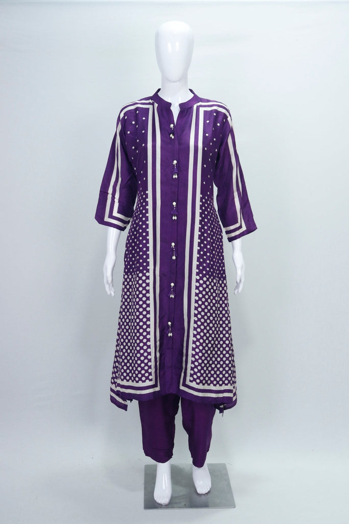 Purple Bandhani Print Straight Kurta Set Festive Ethnic Wear Kurti Set with Front Tassel Buttons - Mangaldeep NX
